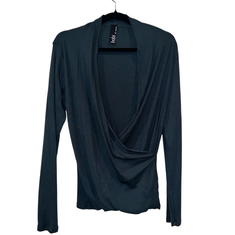 Bobi Los Angeles Ribbed Wrap Top Black Long Sleeve Surplice Soft Size Large NWOT